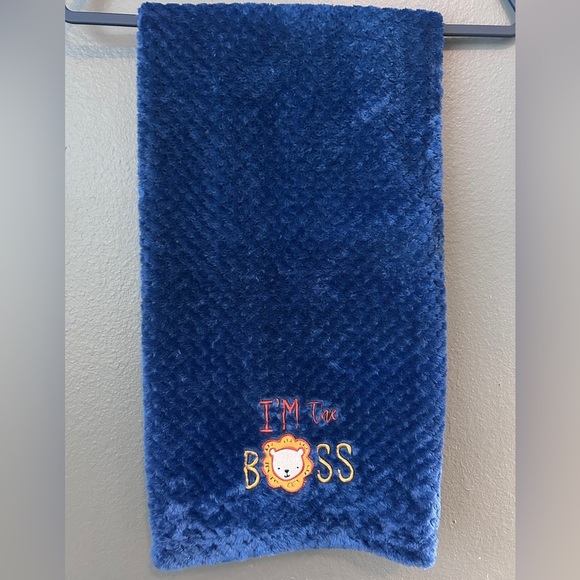 Blue Plush Blanket with Embroidered Lion Design - Picture 1 of 7